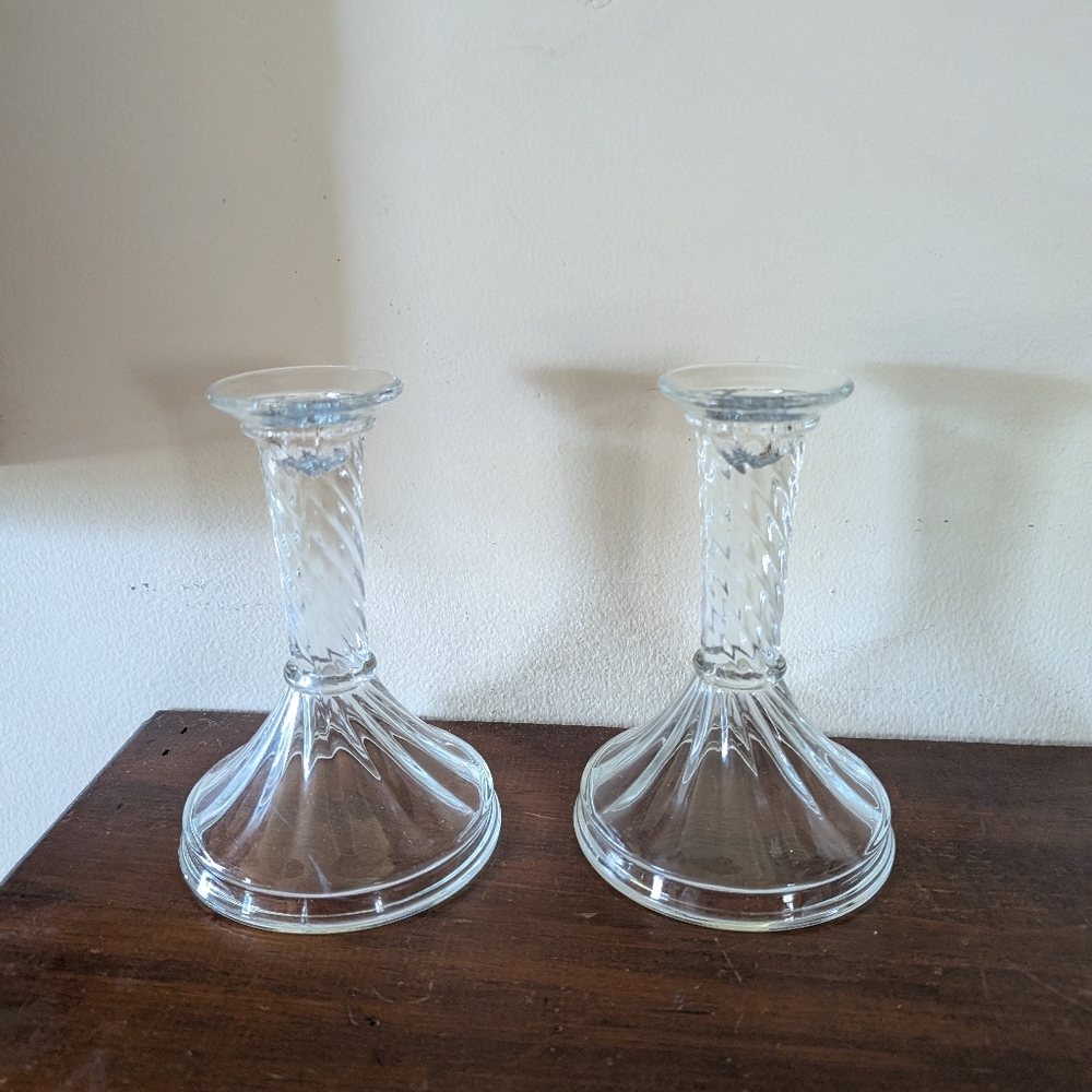 Vintage Indiana Glass Caledonia Pattern Candlestick Holders Clear Farmhouse MCM
